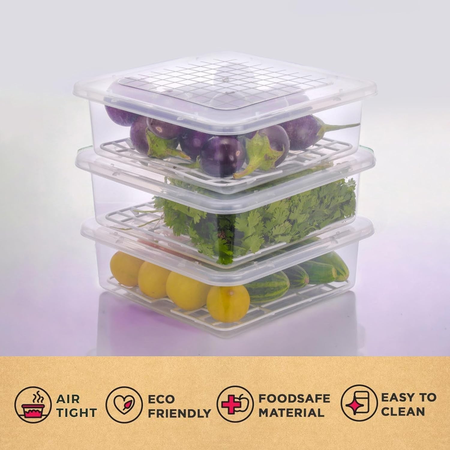 Plastic Food Storage Containers With Removable Drain Tray And Lid (3 Pcs Set) - Springkart 