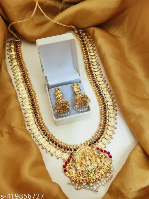 SAGALITE South Indian Traditional Kasumalai Micro Gold Plated Laxmiji Coin Haram Necklace Set For Women And Girls