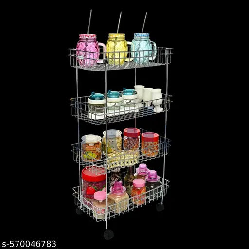 Four Layer Kitchen Trolly Multipurpose Stainless Steel Portable Storage Floor Standing Or Tabletop Rack|Trolley with Wheels for Kitchen Storage, Tiered Shelf, 4 Shelf Trolley