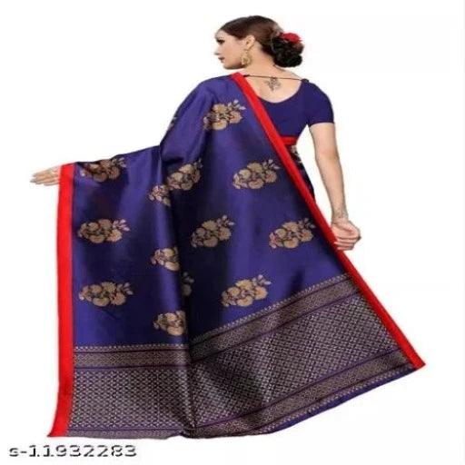 Art Silk Navy Blue Saree With Blouse - Springkart 