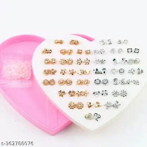 36 pair Silver & Gold stones earrings stud combo with heart shape box for Girls