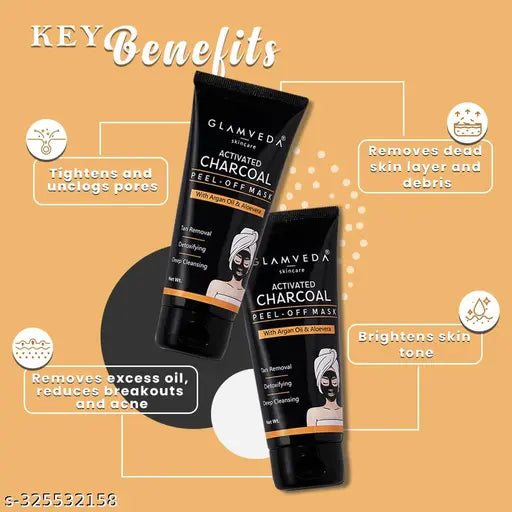Glamveda Activated Charcoal Blackhead & Whitehead Reamoval Peel Off Mask ( Pack Of 3) | Face Pack For de tan & Dark Spots Removal | All Skin Types , Paraben Free 180 gm