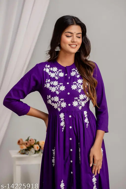 Women Rayon Anarkali Embroidered VioletKurti