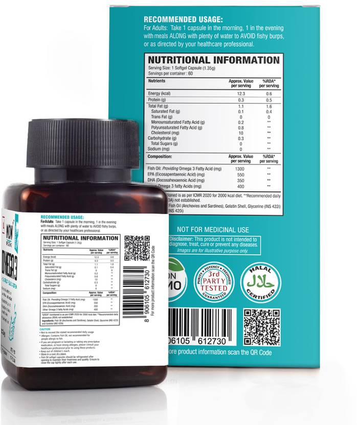 WOW Life Science Omega-3 1300 mg EPA +DHA Enriched  (60 Capsules)