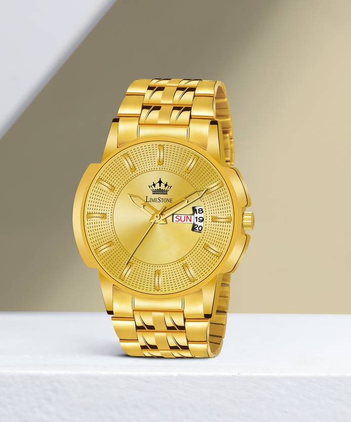 LIMESTONE Day & Date Original HMTS Gold Plated Adjustable HMTS Bracelet Quartz Analog Watch  - For Men LS3061
