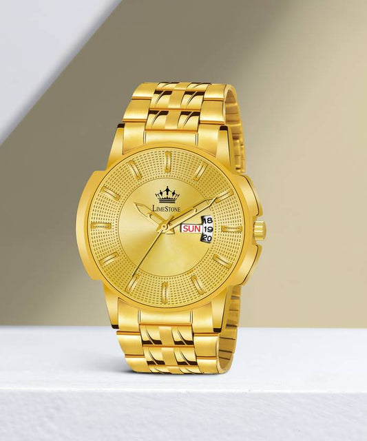 LIMESTONE Day & Date Original HMTS Gold Plated Adjustable HMTS Bracelet Quartz Analog Watch  - For Men LS3061