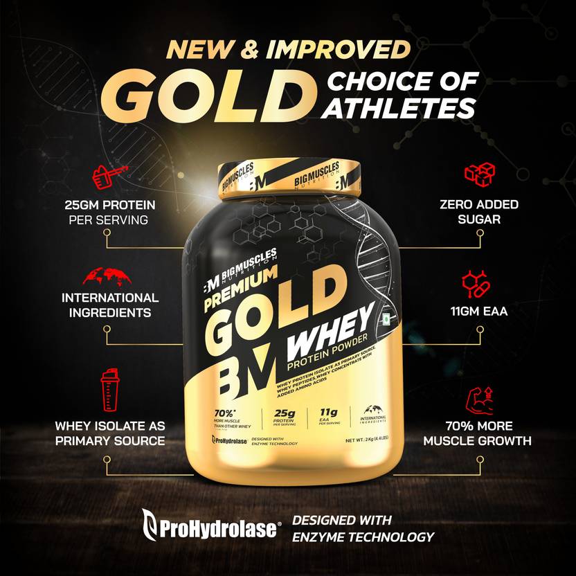 BIGMUSCLES NUTRITION Premium Gold Whey | 25g Isolate Protein Blend | ProHydrolase Enzyme Tech. Whey Protein (1.5 kg, Belgian Chocolate)