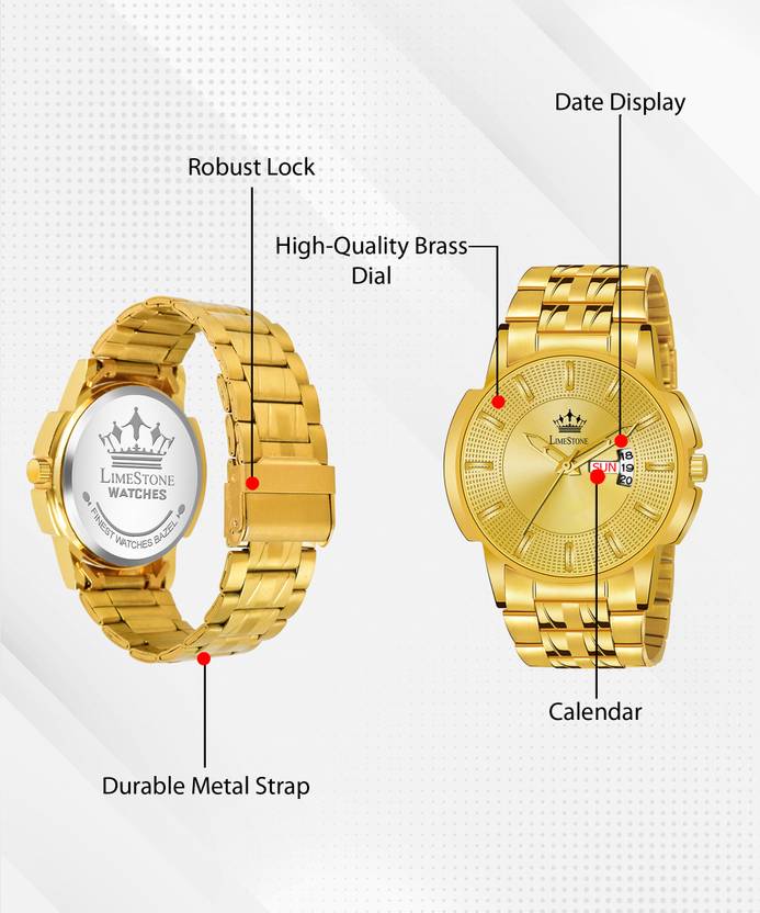 LIMESTONE Day & Date Original HMTS Gold Plated Adjustable HMTS Bracelet Quartz Analog Watch  - For Men LS3061