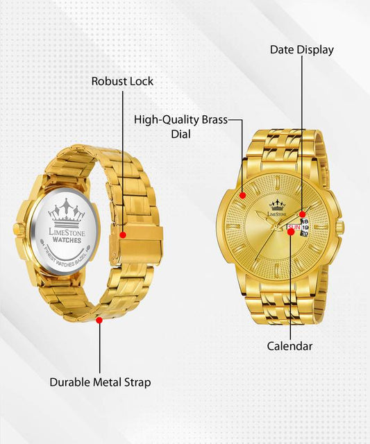 LIMESTONE Day & Date Original HMTS Gold Plated Adjustable HMTS Bracelet Quartz Analog Watch  - For Men LS3061