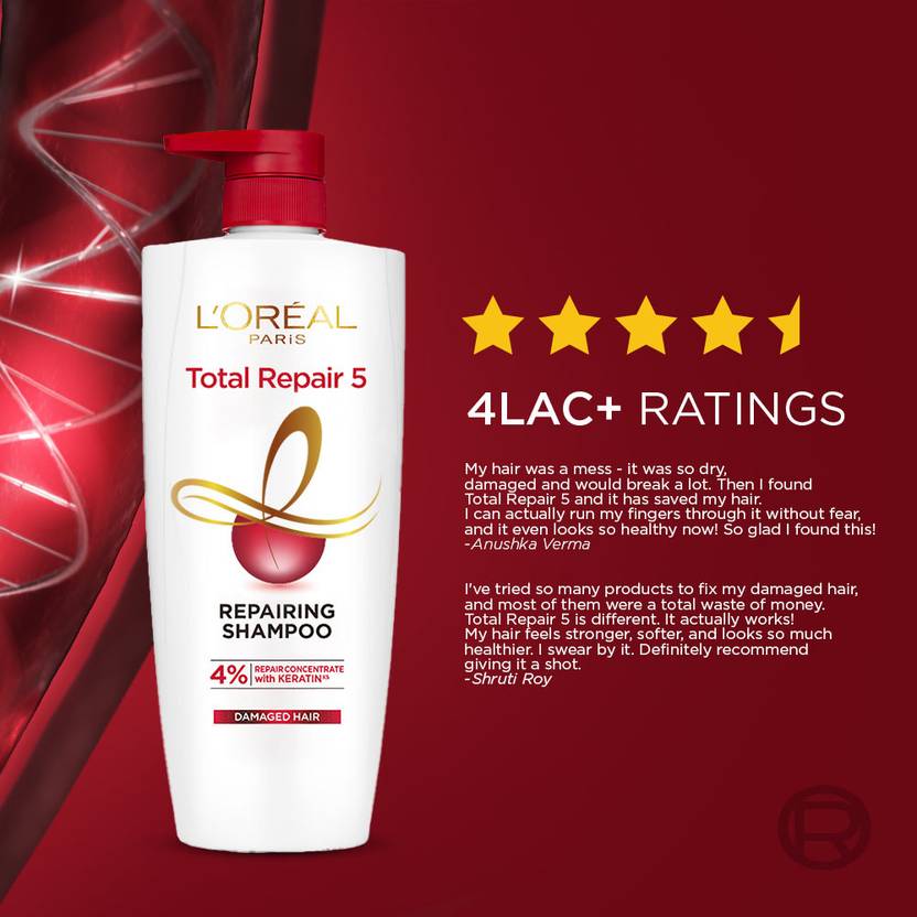 L'Oréal Paris Total Repair 5 Shampoo | Pro-Keratin & Ceramide For Damaged and Weak Hair  (1 L)