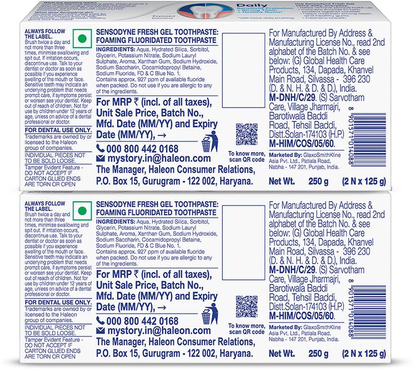 SENSODYNE Fresh Gel Combo| for daily sensitivity protection Toothpaste (500 g, Pack of 4)