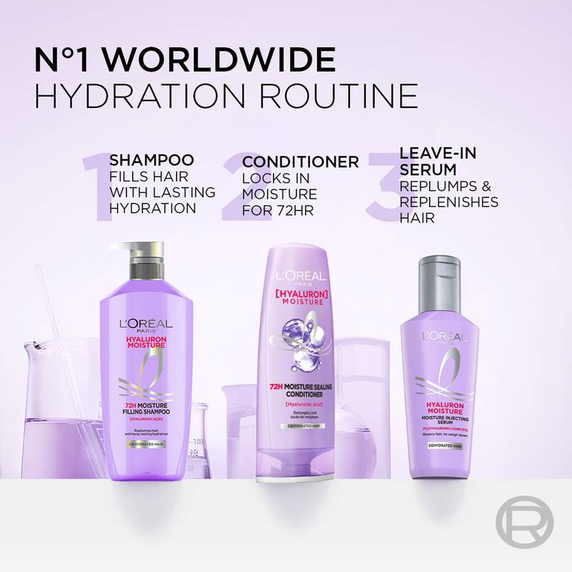 L'Oréal Paris Hyaluron Moisture Hydrating Combo Shampoo, Conditioner, Serum (650ml+175ml+40ml) (3 Items in the set)