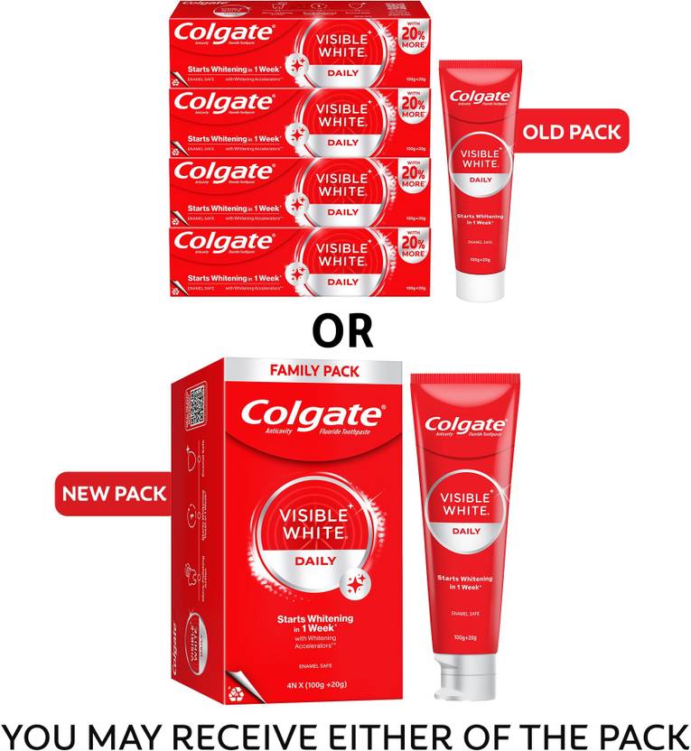 Colgate Visible White Tooth paste Teeth Whitening Starts in 1 week, Combo Pack of 4x120g Toothpaste (480 g, Pack of 4)