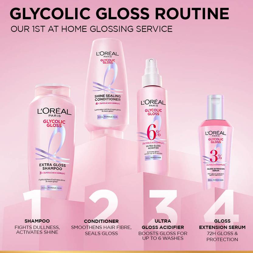 L'Oréal Paris Glycolic Gloss Shampoo, Powered by Glycolic Acid, for Dull Dair, for 3x Shine (200 ml)