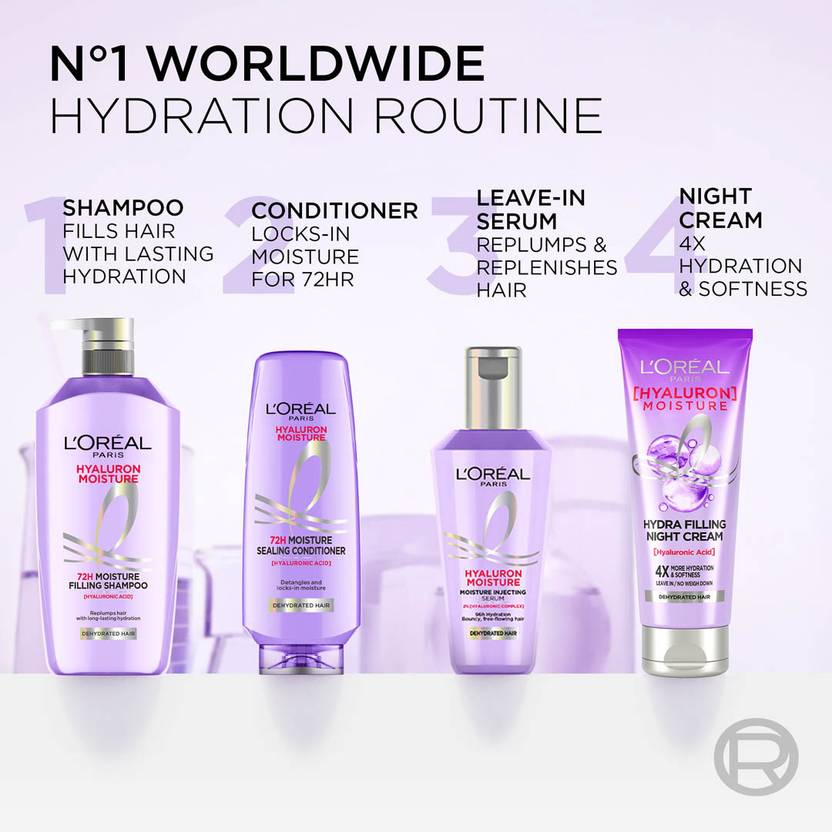 L'Oréal Paris Moisture Shampoo 650ml + Conditioner 175ml Combo for 72HR Hydrated Hair (2 Items in the set)