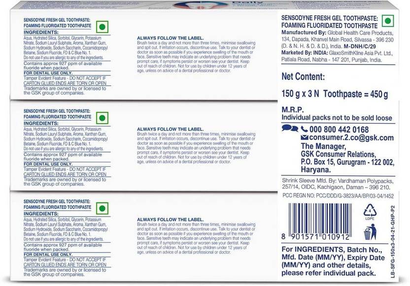 SENSODYNE Fresh Gel Combo for daily sensitive protection Toothpaste (450 g, Pack of 3)