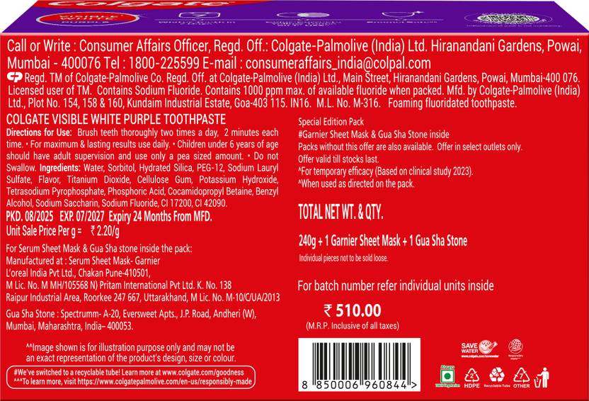 Colgate Visible White Purple Toothpaste Gariner Sakura Serum Sheet Mask Gua Sha Stone Toothpaste (240 g)