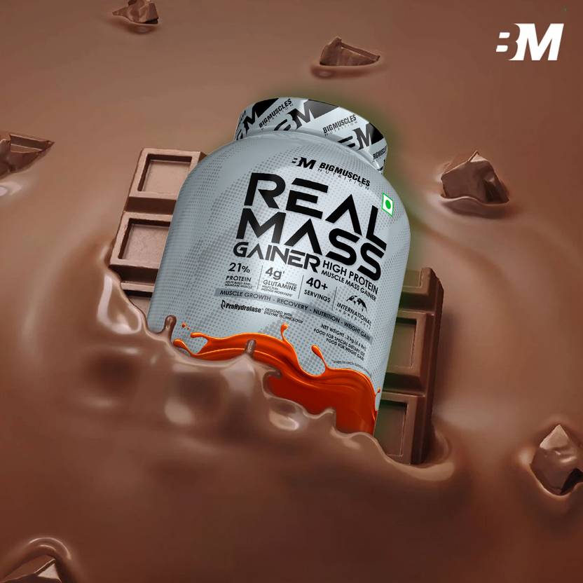 BIGMUSCLES NUTRITION Real | High Protein Muscles Mass Gainer | Added BCAA, Glutamine Weight Gainers/Mass Gainers (1 kg, Chocolate Brownie)#JustHere