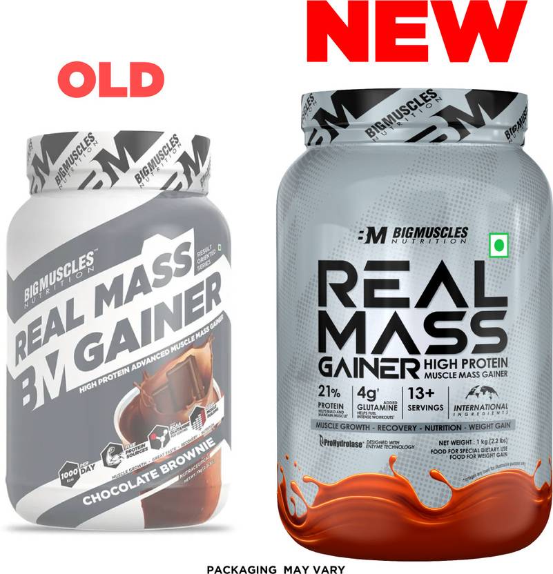 BIGMUSCLES NUTRITION Real | High Protein Muscles Mass Gainer | Added BCAA, Glutamine Weight Gainers/Mass Gainers (1 kg, Chocolate Brownie)#JustHere