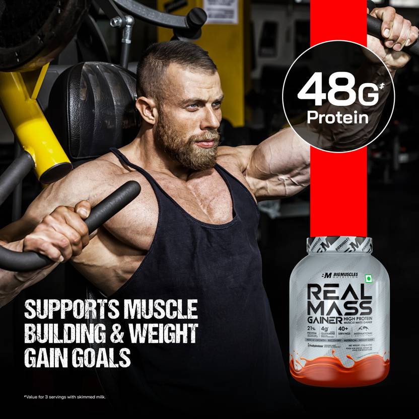 BIGMUSCLES NUTRITION Real | High Protein Muscles Mass Gainer | Added BCAA, Glutamine Weight Gainers/Mass Gainers (1 kg, Chocolate Brownie)#JustHere