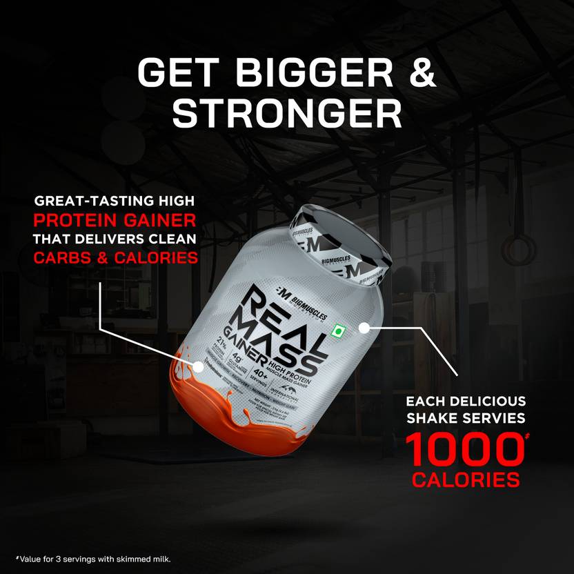 BIGMUSCLES NUTRITION Real | High Protein Muscles Mass Gainer | Added BCAA, Glutamine Weight Gainers/Mass Gainers (1 kg, Chocolate Brownie)#JustHere