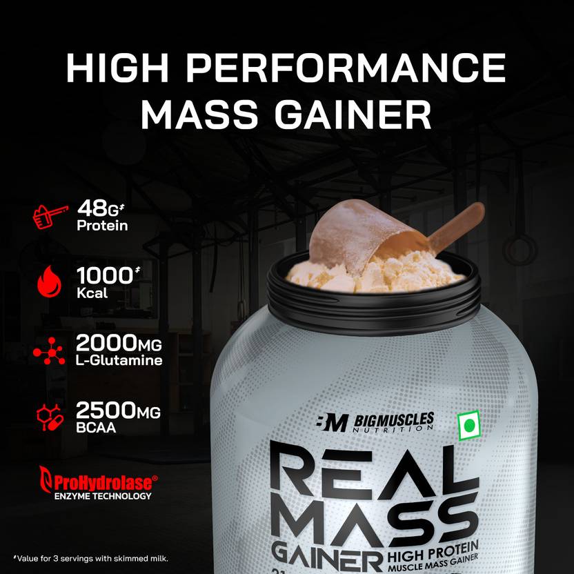 BIGMUSCLES NUTRITION Real | High Protein Muscles Mass Gainer | Added BCAA, Glutamine Weight Gainers/Mass Gainers (1 kg, Chocolate Brownie)#JustHere