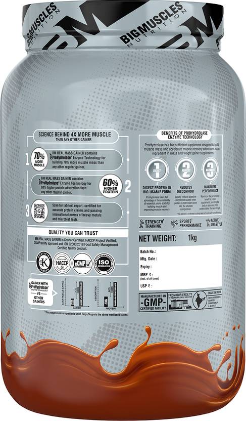 BIGMUSCLES NUTRITION Real | High Protein Muscles Mass Gainer | Added BCAA, Glutamine Weight Gainers/Mass Gainers (1 kg, Chocolate Brownie)#JustHere