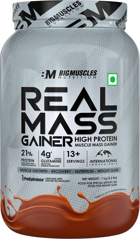 BIGMUSCLES NUTRITION Real | High Protein Muscles Mass Gainer | Added BCAA, Glutamine Weight Gainers/Mass Gainers (1 kg, Chocolate Brownie)#JustHere