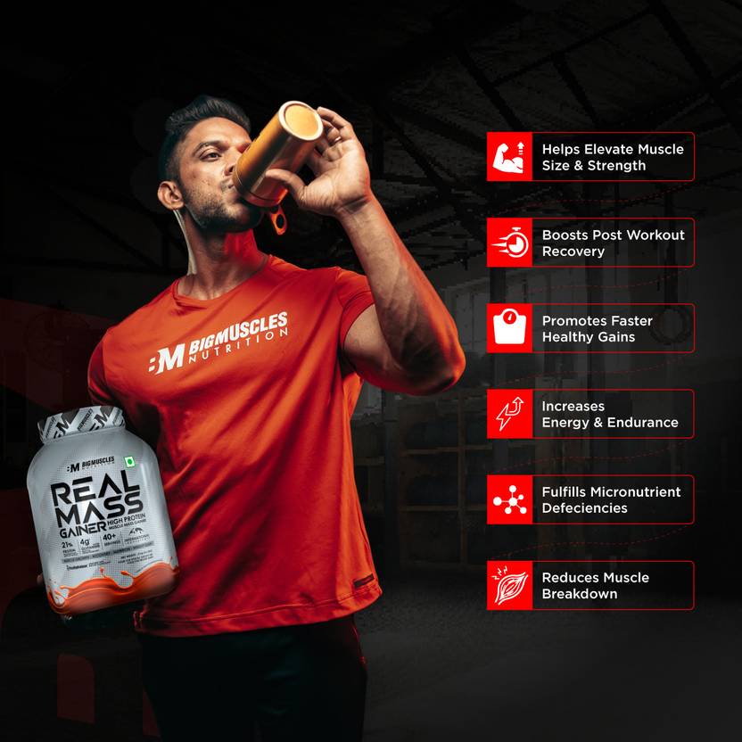 BIGMUSCLES NUTRITION Real | High Protein Muscles Mass Gainer | Added BCAA, Glutamine Weight Gainers/Mass Gainers (1 kg, Chocolate Brownie)#JustHere