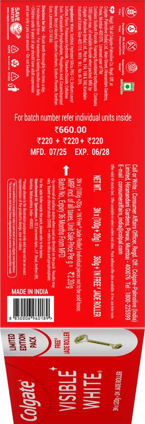Colgate Visible White Teeth Whitening Toothpaste, 360g, 120g X 3 and Jade Roller Toothpaste (360 g, Pack of 4)