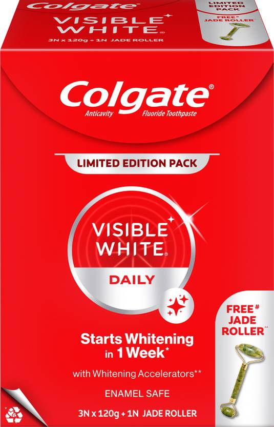 Colgate Visible White Teeth Whitening Toothpaste, 360g, 120g X 3 and Jade Roller Toothpaste (360 g, Pack of 4)