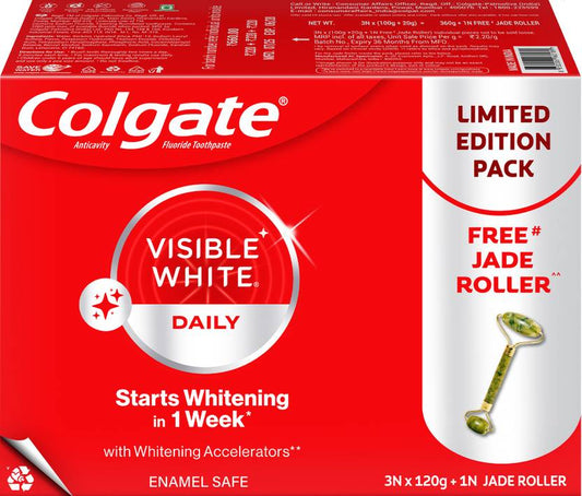 Colgate Visible White Teeth Whitening Toothpaste, 360g, 120g X 3 and Jade Roller Toothpaste (360 g, Pack of 4)
