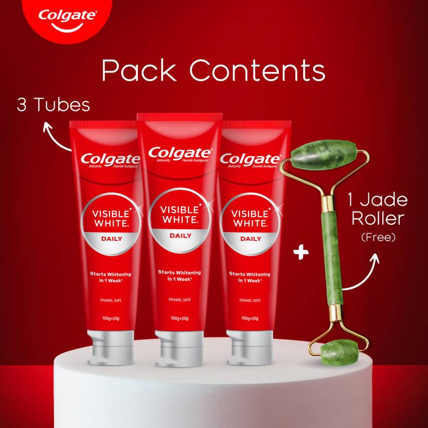 Colgate Visible White Teeth Whitening Toothpaste, 360g, 120g X 3 and Jade Roller Toothpaste (360 g, Pack of 4)