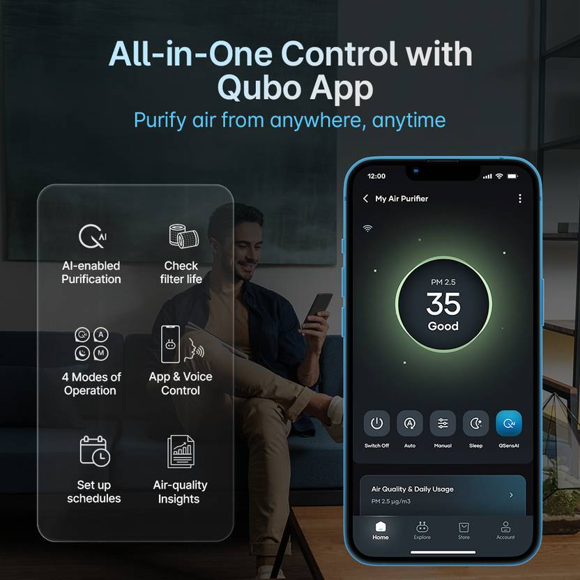 Qubo Smart Air Purifier Q400 | 400 Sqft | HEPA 13 | App & Voice Control Room Air Purifier  (White)