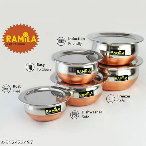 Ramila Stainless Steel Copper Bottom Handi Kitchen Serving & Cookware Bowl Cooking Bowl Handi Set 5-Pieces Biryani Handi Set-Capacity 1500ml,1000ml,750ml,500ml,300ml