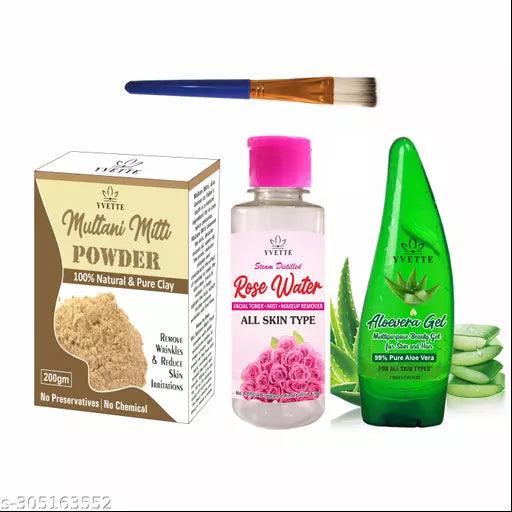 Multani Mitti Powder 100% Natural for Skin Care (200g), Rose Water (200ml), Brush & Aloe Vera Gel