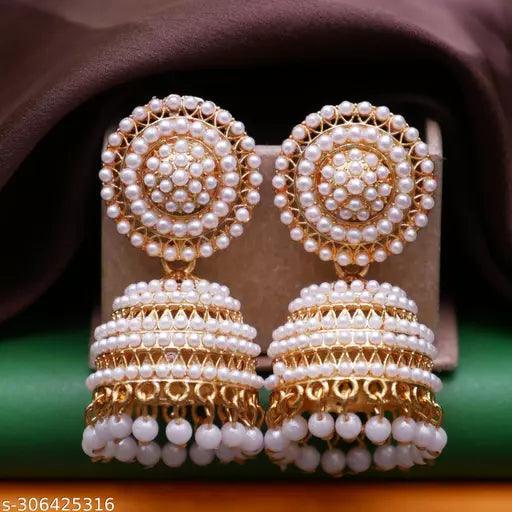 ONE ELEVEN Traditional Ethnic Fancy Stylish Pearl Embedded Jhumka Jhumki Earrings for Girls and Women for Wedding, Marriage, Pooja, Ethnic Casual, festivals etc - Springkart 