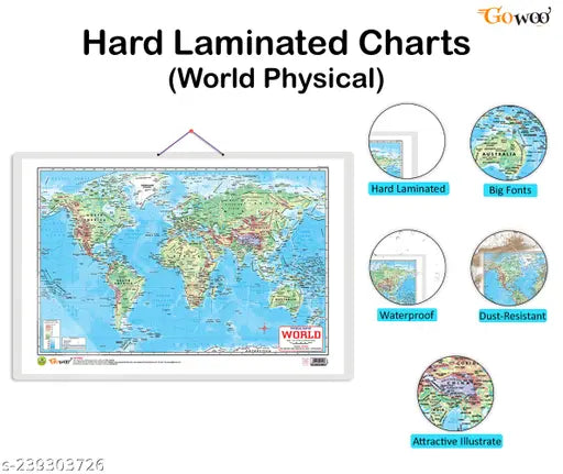 Set of 2 | 2 IN 1 INDIA POLITICAL AND PHYSICAL MAP IN ENGLISH and 2 IN 1 WORLD POLITICAL AND PHYSICAL MAP IN ENGLISH Educational Charts | 20"X30" inch