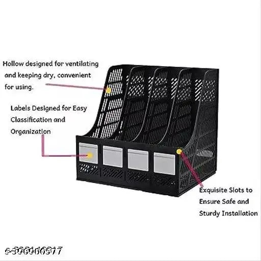 Desktop Magazine Holder Desk File Organizer 4 Compartments | Plastic Vertical File Dividers Book Holder & Cabinet Document Storage Rack (Black), Step Shelf