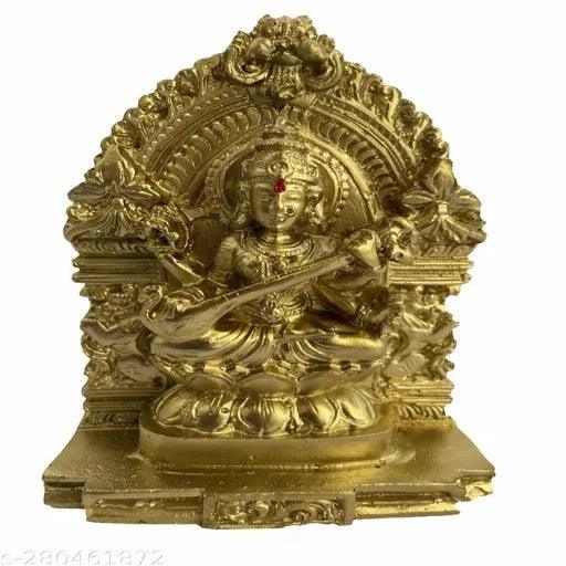 Sri Saraswathi Statue Idol for Pooja Room -11cm (Gold Colour) - Springkart 