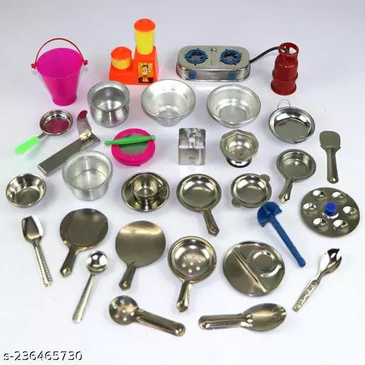 31 Pieces - Miniature Kitchen Set, Mini Kitchen Set, Kitchen Set for Kids Girls, Real Cooking Kit for Play, Steel Kitchen Set for Girls, Choppu Jaman, Miniature Cooking Set - Springkart 