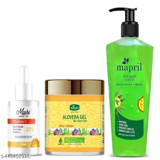 Skincare Combo – Vitamin C Face Serum (30ml) + Aloe Vera Gel with Saffron & Curcumin (120ml) + Aloe Vera Face Wash with Neem (250ml) – 3-in-1 Whitening - Springkart 