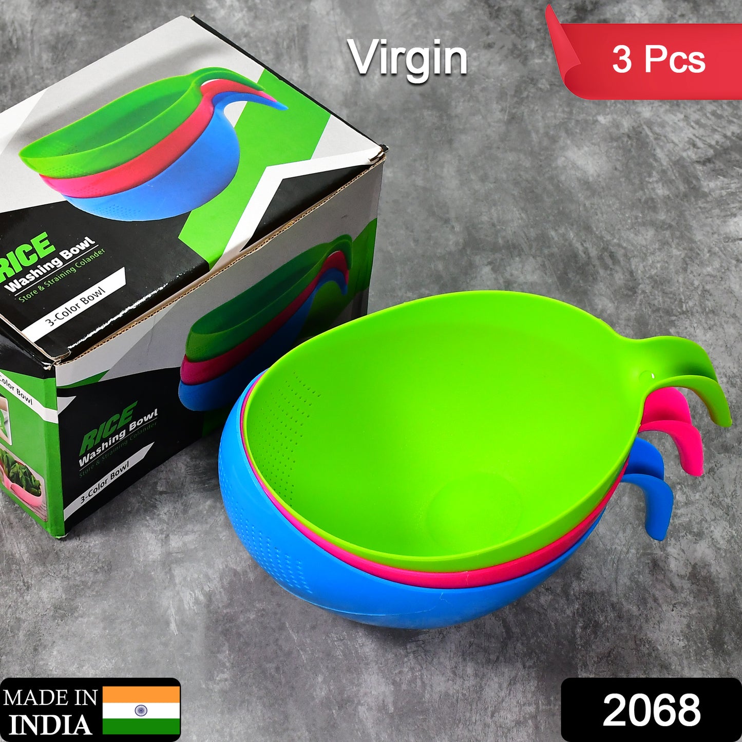 2068 Plastic Rice Bowlfood Strainer Thick Drain Basket With Handle For Rice Vegetable Fruit (Set Of 3pcs) - Springkart 