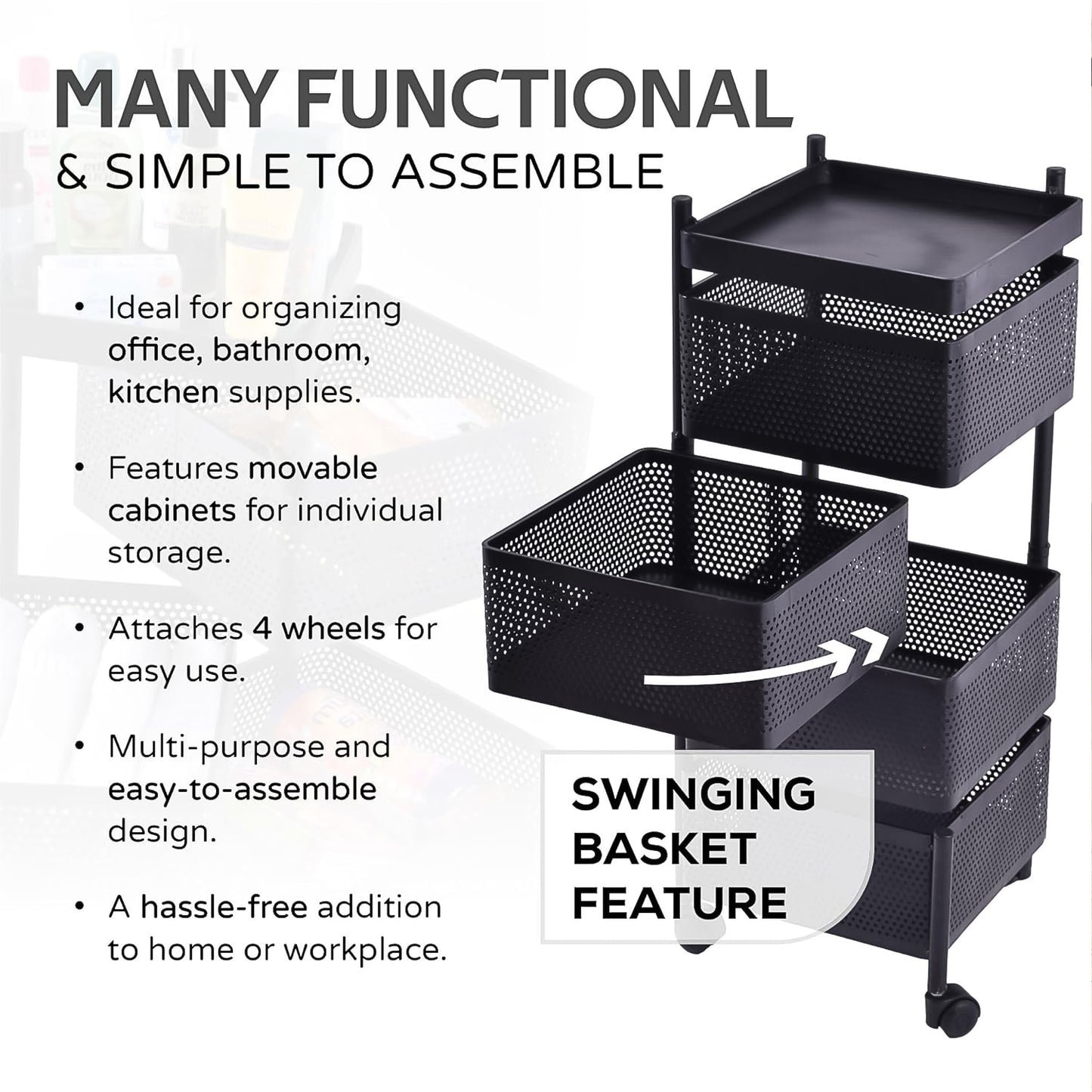 Metal Square High Quality Kitchen Trolley With Wheels (4 Layer 1 Pc) - Springkart 