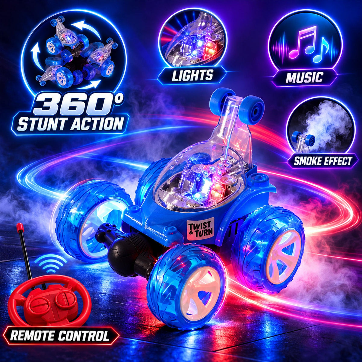 Remote Control Stunt Car With Music Led Lights And Water Spray Effect (1 Set)