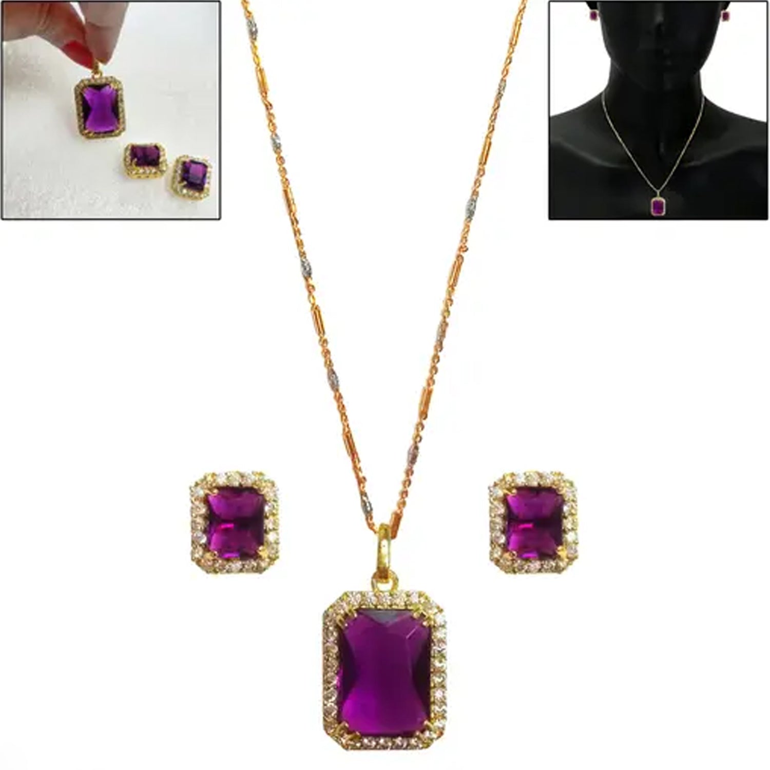 Stone Pendant Necklace Chain Set With Earrings (1 Set Mix Color Design) - Springkart 