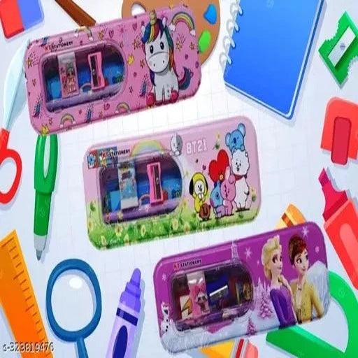 Attractive Set of 3 Cartoon Printed Stationery Metal Pencil Box with assorted stationery and Small window - Springkart 