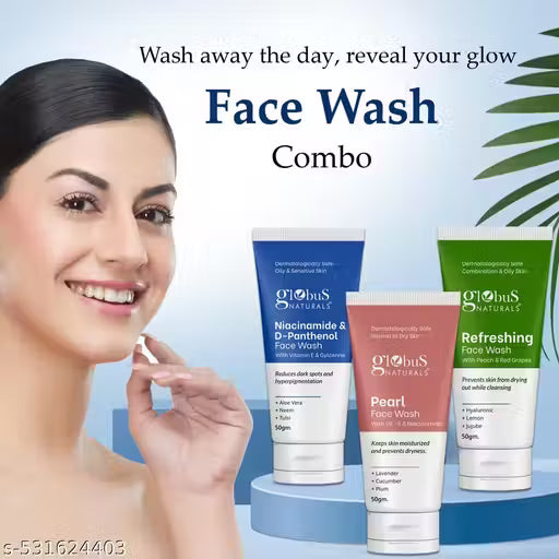 Globus Naturals Niacinamide, Pearl & Refreshing Face Wash Combo- Set of 3, 50gm