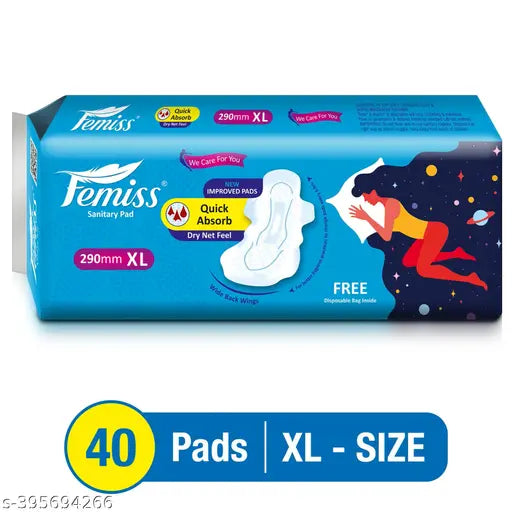 Femiss Soft & Rash Free Sanitary Pads for Women and Girls|Quick Absorption|Heavy Flow Champion|Leakage-Proof|Skin Friendly Straight pads(XL-Size, 290 MM, 40 PCS)
