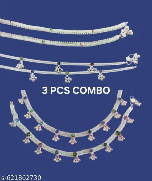 Elegant Silver Plated Payal Set with Multicolor Stones and Ghungroo – 3 Pair Combo for Women